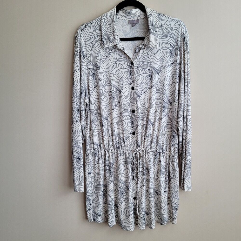 J. Jill Womens Tunic Blouse Size XL Cream Black Leaf Print Drawstring Waist Long